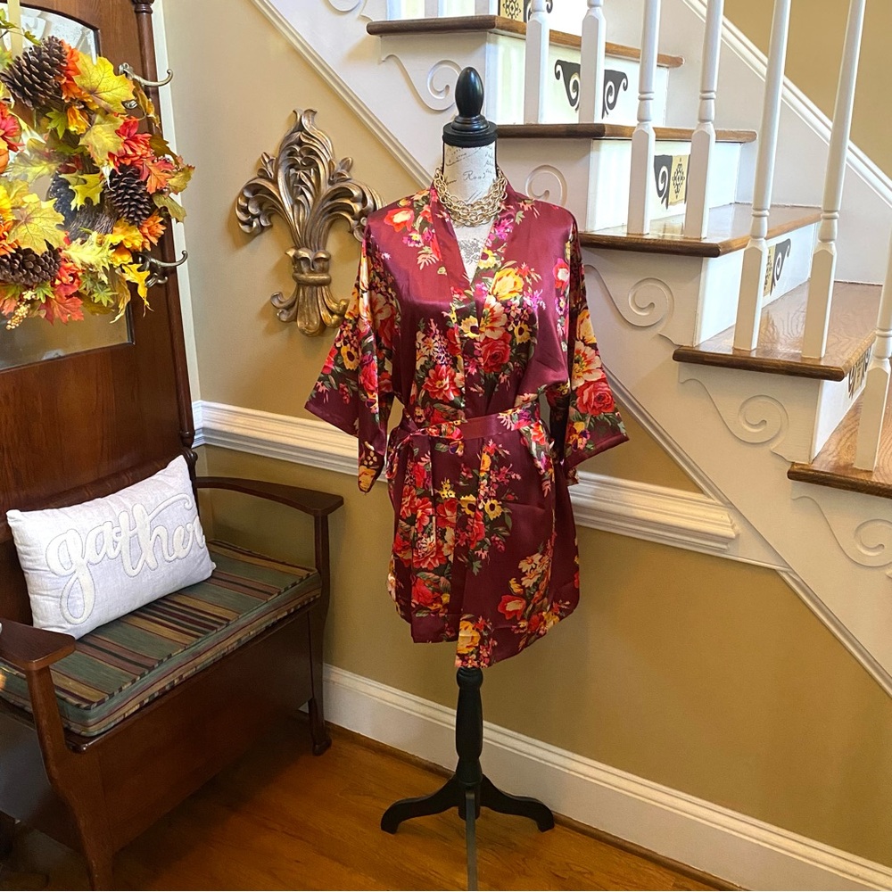 Satin floral kimono sleeve robe